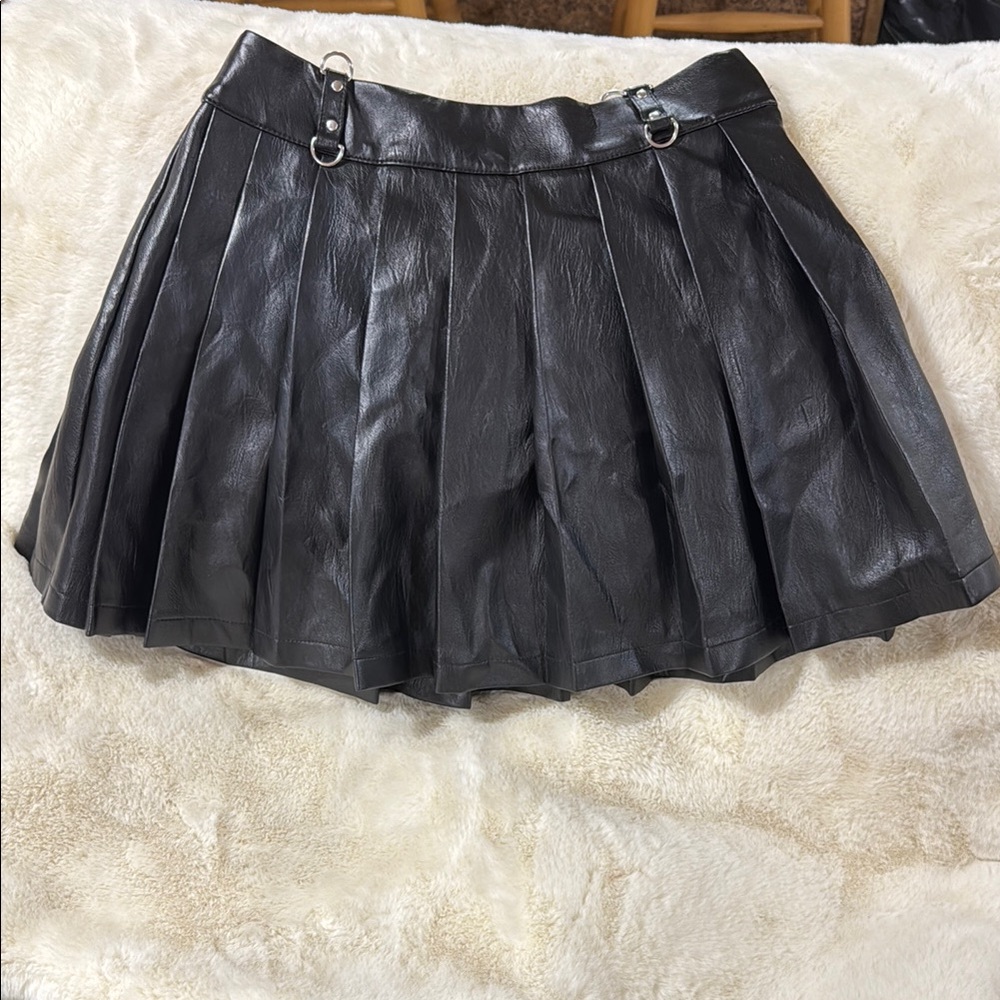 Black Pleated Leather Skirt